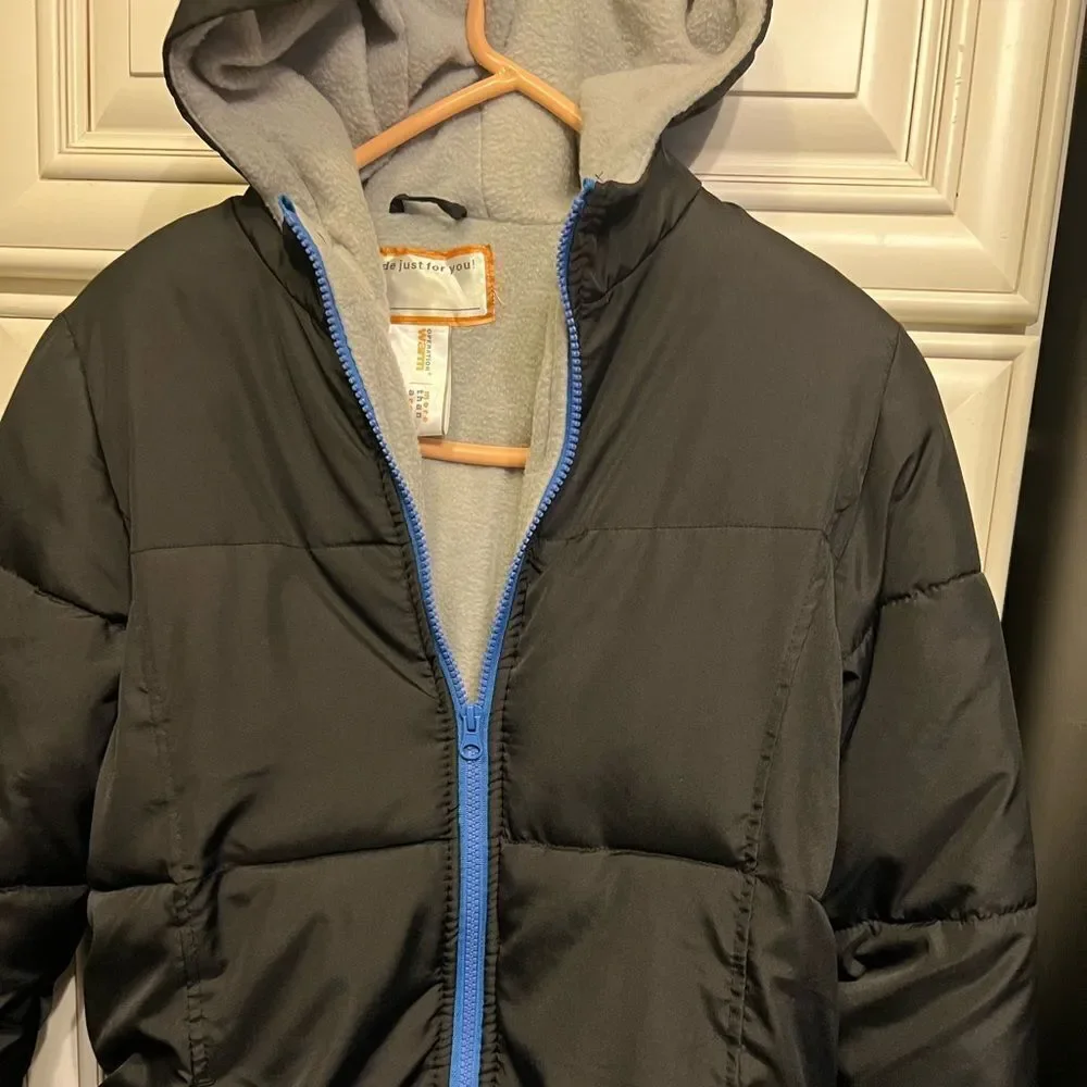 Operation Warm Boys Puffer Parka Coat Fleece Hood Jacket Black Blue 14 16 XL EUC